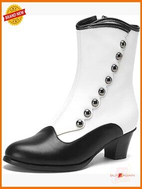 Victorian Ankle Boots Chunky Heel Round Toe Side Zipper Button Design